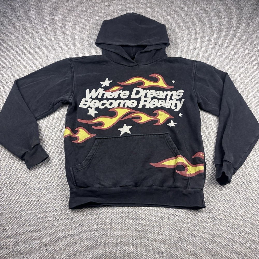 PacSun Men's Dreams Come True Puff Hoodie Black Flame Graphic Pullover Size S